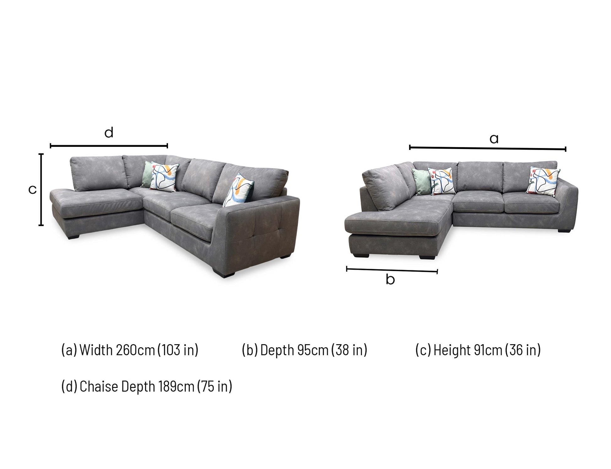 dimensions blueprint and living room footprint schematic for the Furniture Village ‘Dinky Dexter’ Mocha Grey Fabric Corner Chaise End Sofa.