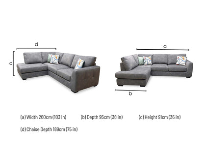 dimensions blueprint and living room footprint schematic for the Furniture Village ‘Dinky Dexter’ Mocha Grey Fabric Corner Chaise End Sofa.
