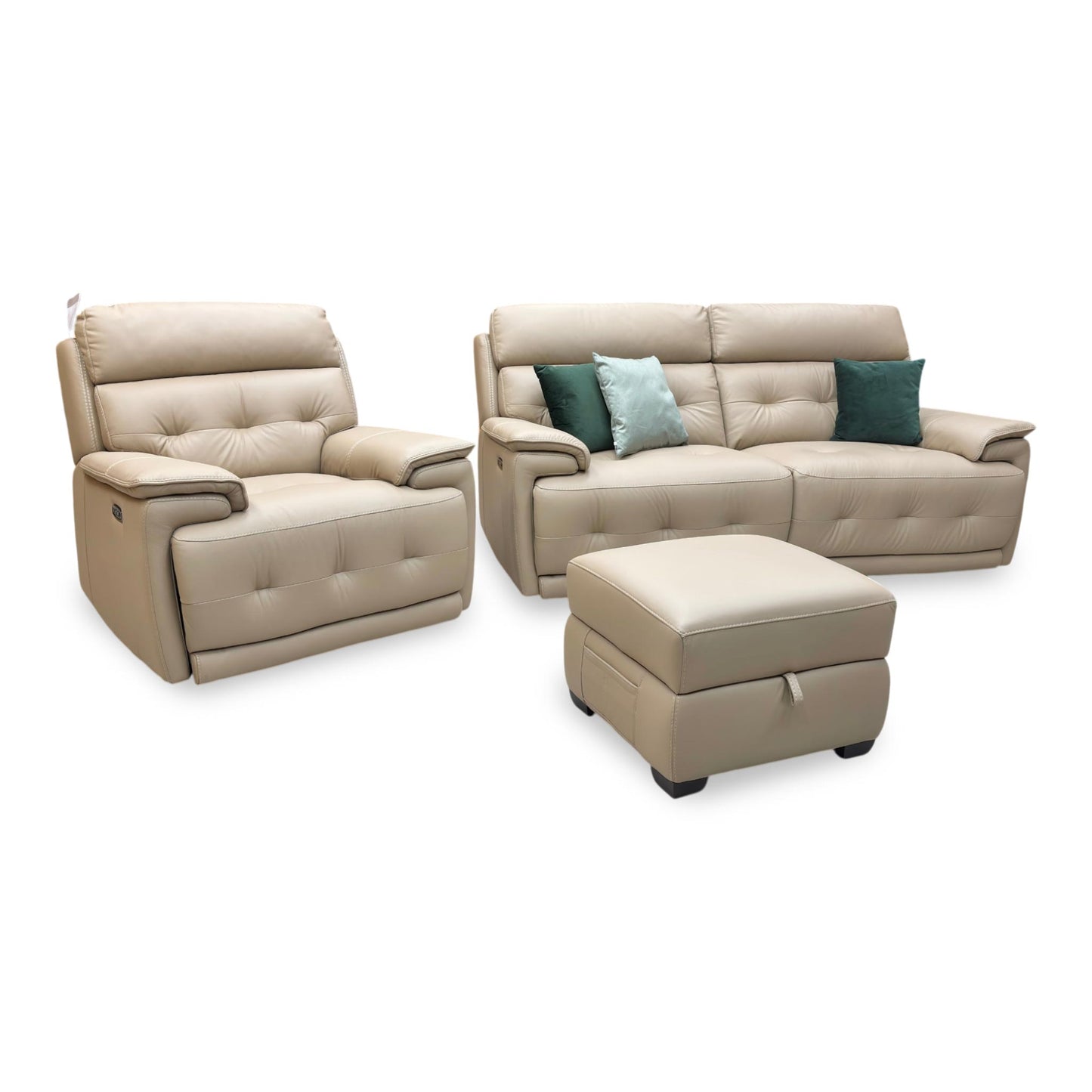 World of Leather ‘Brescia’ Nw-8475 Nude Cream Leather 3 Seater Power Recliner Sofa with Power Headrests + Power Chair + Storage Footstool