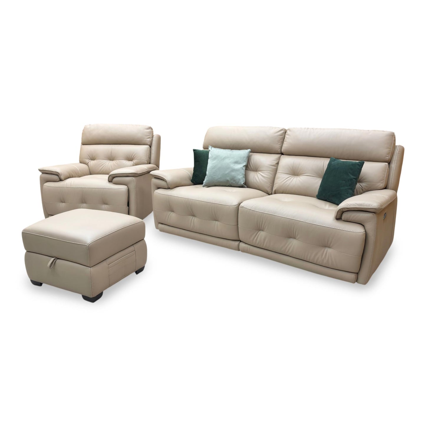 World of Leather ‘Brescia’ Nw-8475 Nude Cream Leather 3 Seater Power Recliner Sofa with Power Headrests + Power Chair + Storage Footstool