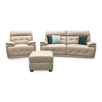 World of Leather ‘Brescia’ Nw-8475 Nude Cream Leather 3 Seater Power Recliner Sofa with Power Headrests + Power Chair + Storage Footstool