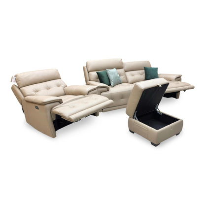 World of Leather ‘Brescia’ Nw-8475 Nude Cream Leather 3 Seater Power Recliner Sofa with Power Headrests + Power Chair + Storage Footstool