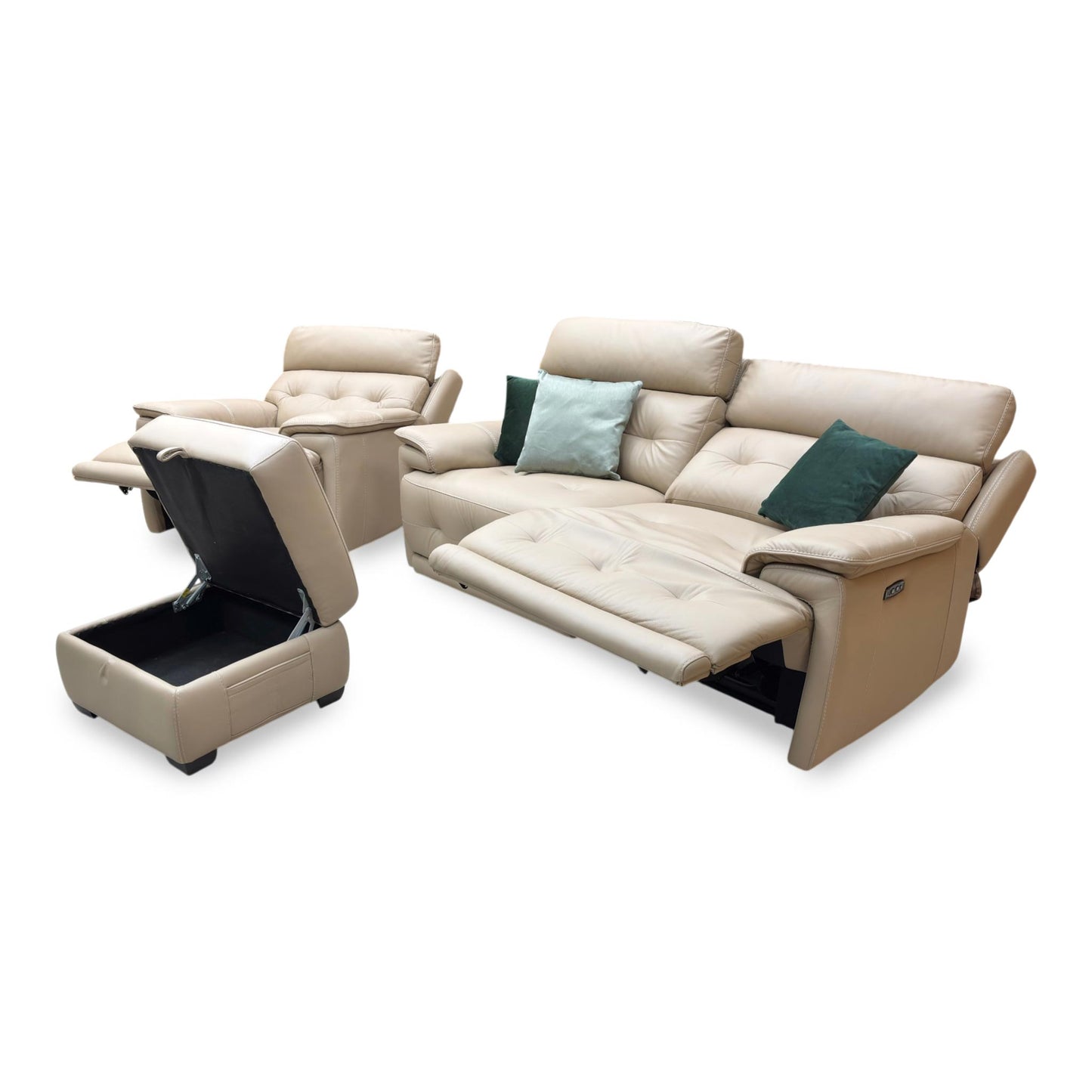 World of Leather ‘Brescia’ Nw-8475 Nude Cream Leather 3 Seater Power Recliner Sofa with Power Headrests + Power Chair + Storage Footstool