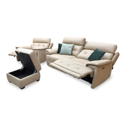 World of Leather ‘Brescia’ Nw-8475 Nude Cream Leather 3 Seater Power Recliner Sofa with Power Headrests + Power Chair + Storage Footstool