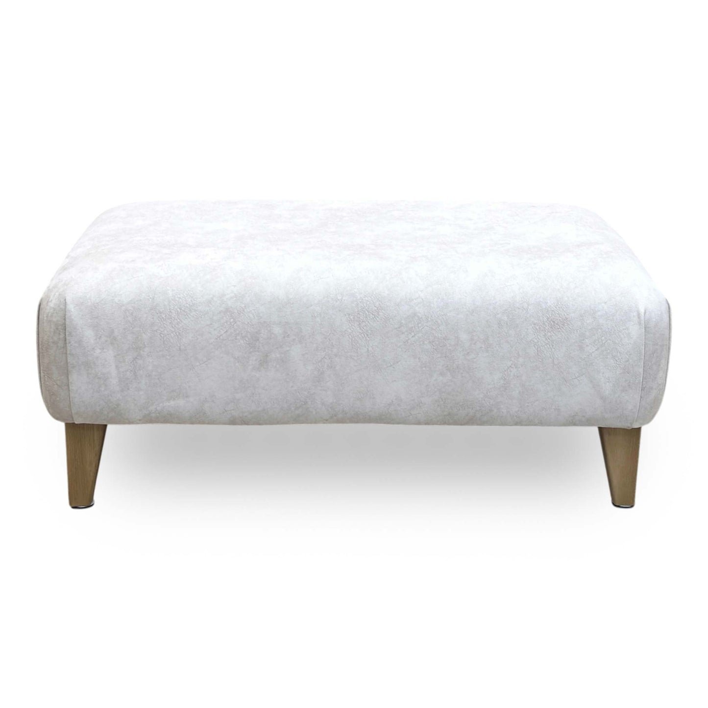 Front View Furniture Village ‘Aura’ contemporary square footstool, beautifully tailored in premium Kenzo cream textured fabric.