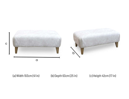 dimension diagram and layout specifications for the Furniture Village ‘Aura’ Kenzo Cream Fabric Footstool.