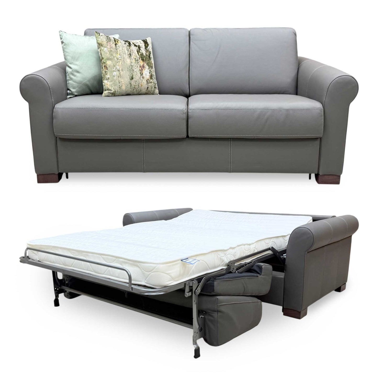 Nicoletti 'Alcova' Torello Grigio Scuro Grey 327 Leather 2 Seater Sofa Bed with Scroll Arms