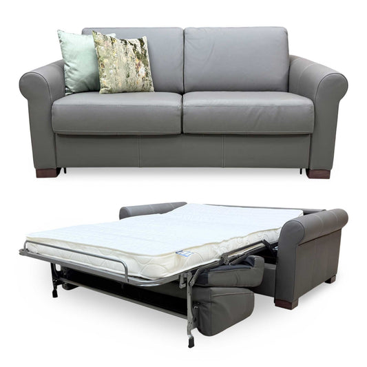 Nicoletti 'Alcova' Torello Grigio Scuro Grey 327 Leather 2 Seater Sofa Bed with Scroll Arms
