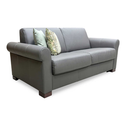 Nicoletti 'Alcova' Torello Grigio Scuro Grey 327 Leather 2 Seater Sofa Bed with Scroll Arms