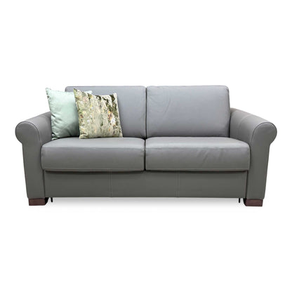 Nicoletti 'Alcova' Torello Grigio Scuro Grey 327 Leather 2 Seater Sofa Bed with Scroll Arms