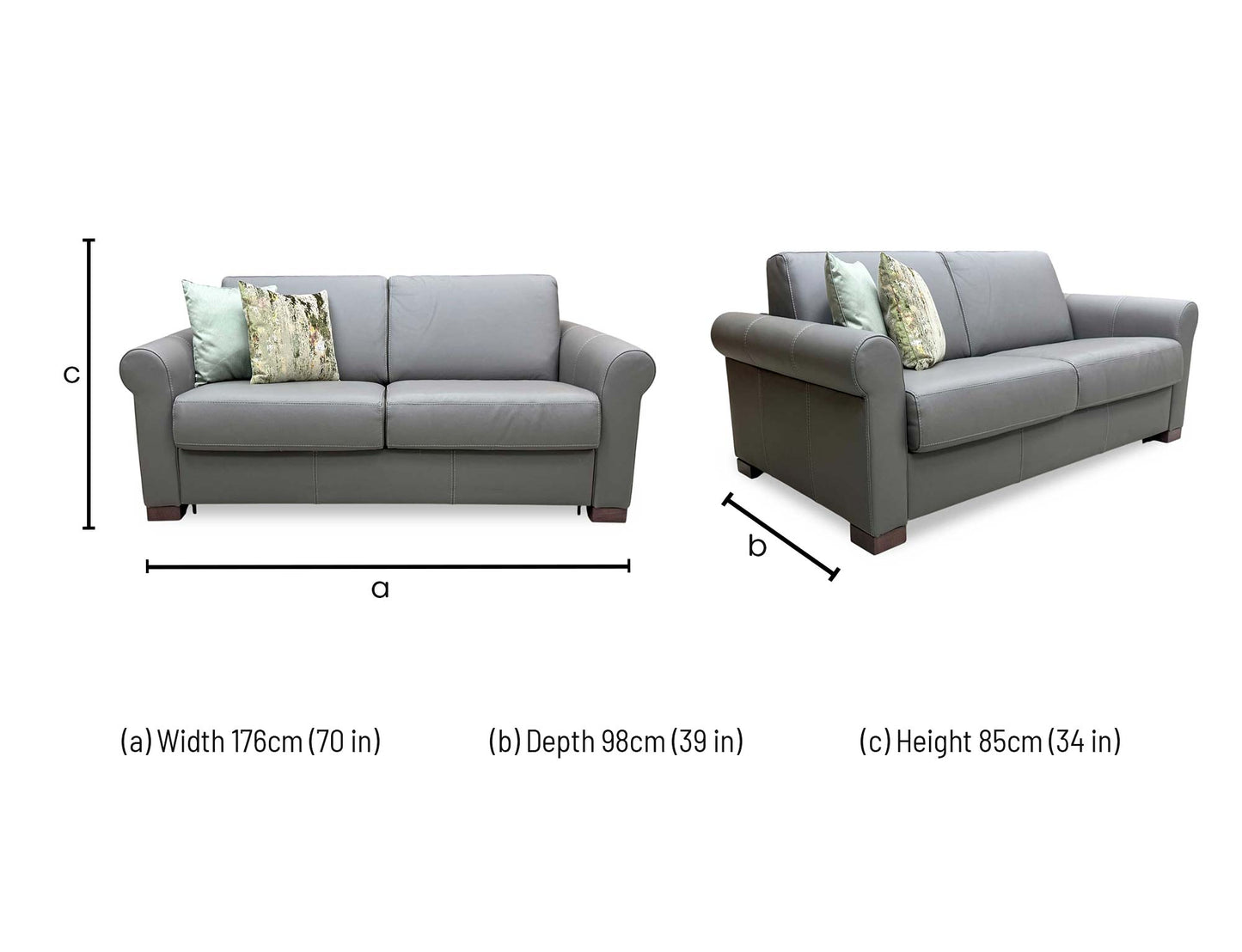 Nicoletti 'Alcova' Torello Grigio Scuro Grey 327 Leather 2 Seater Sofa Bed with Scroll Arms