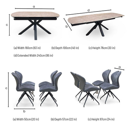 'Raul' Argile Ceramic Top Swivel Extending Dining Table with Anthracite Grey Fabric Set of 4 Swivel Dining Chairs