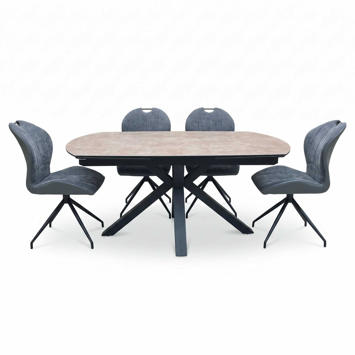 'Raul' Argile Ceramic Top Swivel Extending Dining Table with Anthracite Grey Fabric Set of 4 Swivel Dining Chairs