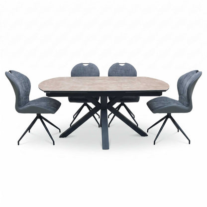 'Raul' Argile Ceramic Top Swivel Extending Dining Table with Anthracite Grey Fabric Set of 4 Swivel Dining Chairs