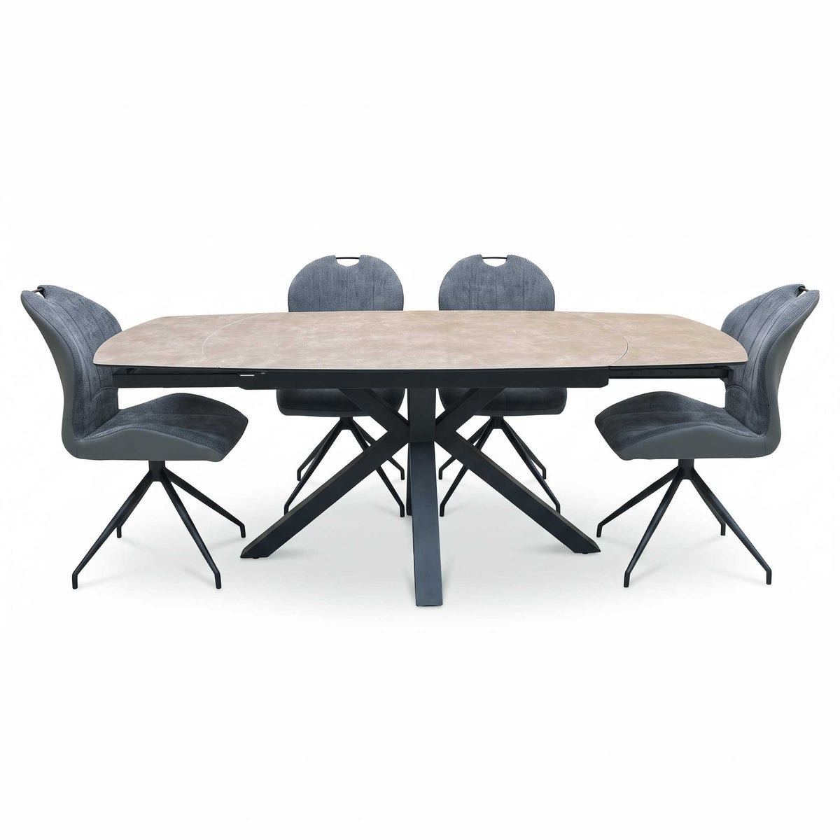 'Raul' Argile Ceramic Top Swivel Extending Dining Table with Anthracite Grey Fabric Set of 4 Swivel Dining Chairs