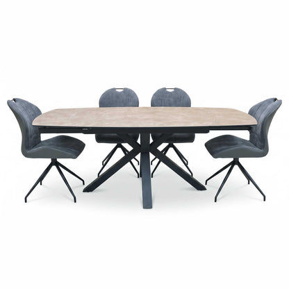 'Raul' Argile Ceramic Top Swivel Extending Dining Table with Anthracite Grey Fabric Set of 4 Swivel Dining Chairs