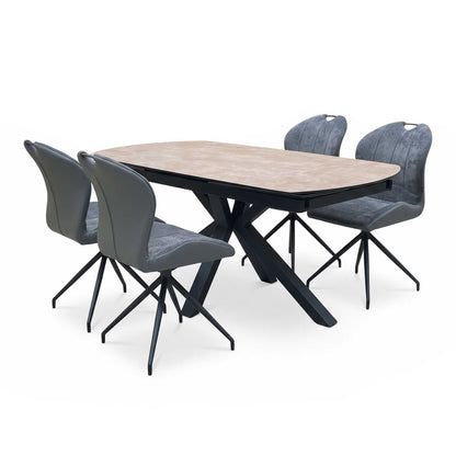 'Raul' Argile Ceramic Top Swivel Extending Dining Table with Anthracite Grey Fabric Set of 4 Swivel Dining Chairs