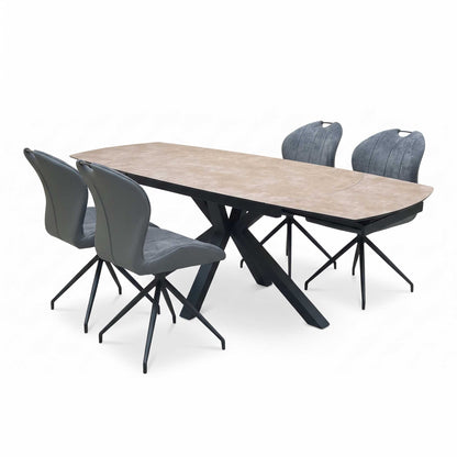 'Raul' Argile Ceramic Top Swivel Extending Dining Table with Anthracite Grey Fabric Set of 4 Swivel Dining Chairs