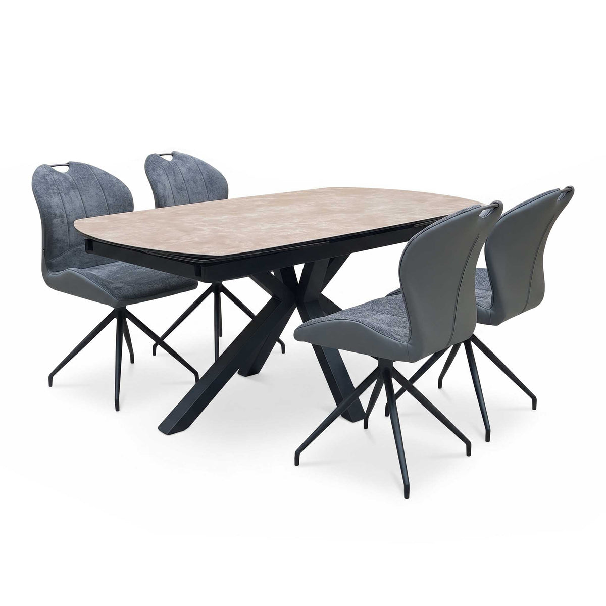 'Raul' Argile Ceramic Top Swivel Extending Dining Table with Anthracite Grey Fabric Set of 4 Swivel Dining Chairs