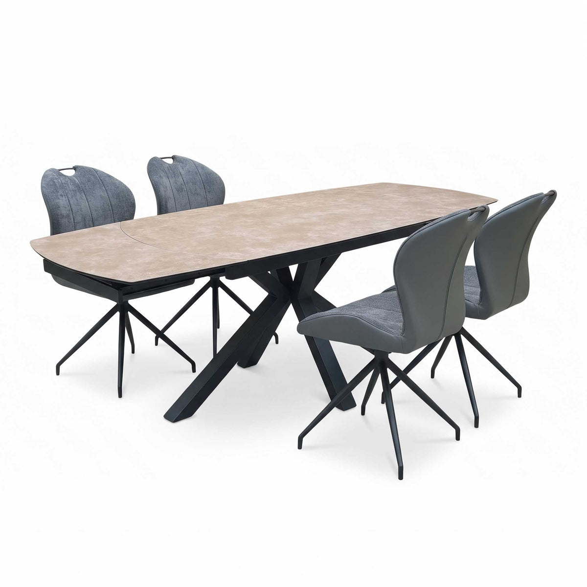'Raul' Argile Ceramic Top Swivel Extending Dining Table with Anthracite Grey Fabric Set of 4 Swivel Dining Chairs