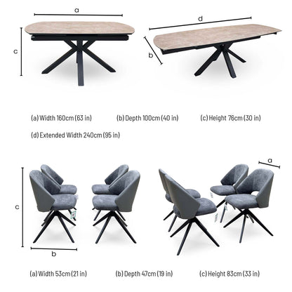 'Raul' Argile Ceramic Top Swivel Extending Dining Table with G6 Anthracite Grey Faux Leather Chairs X 4