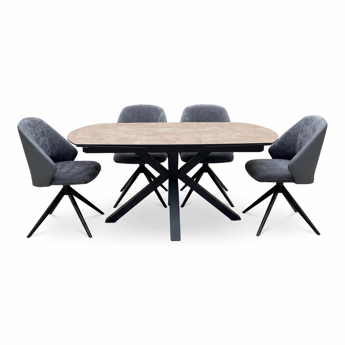 'Raul' Argile Ceramic Top Swivel Extending Dining Table with G6 Anthracite Grey Faux Leather Chairs X 4