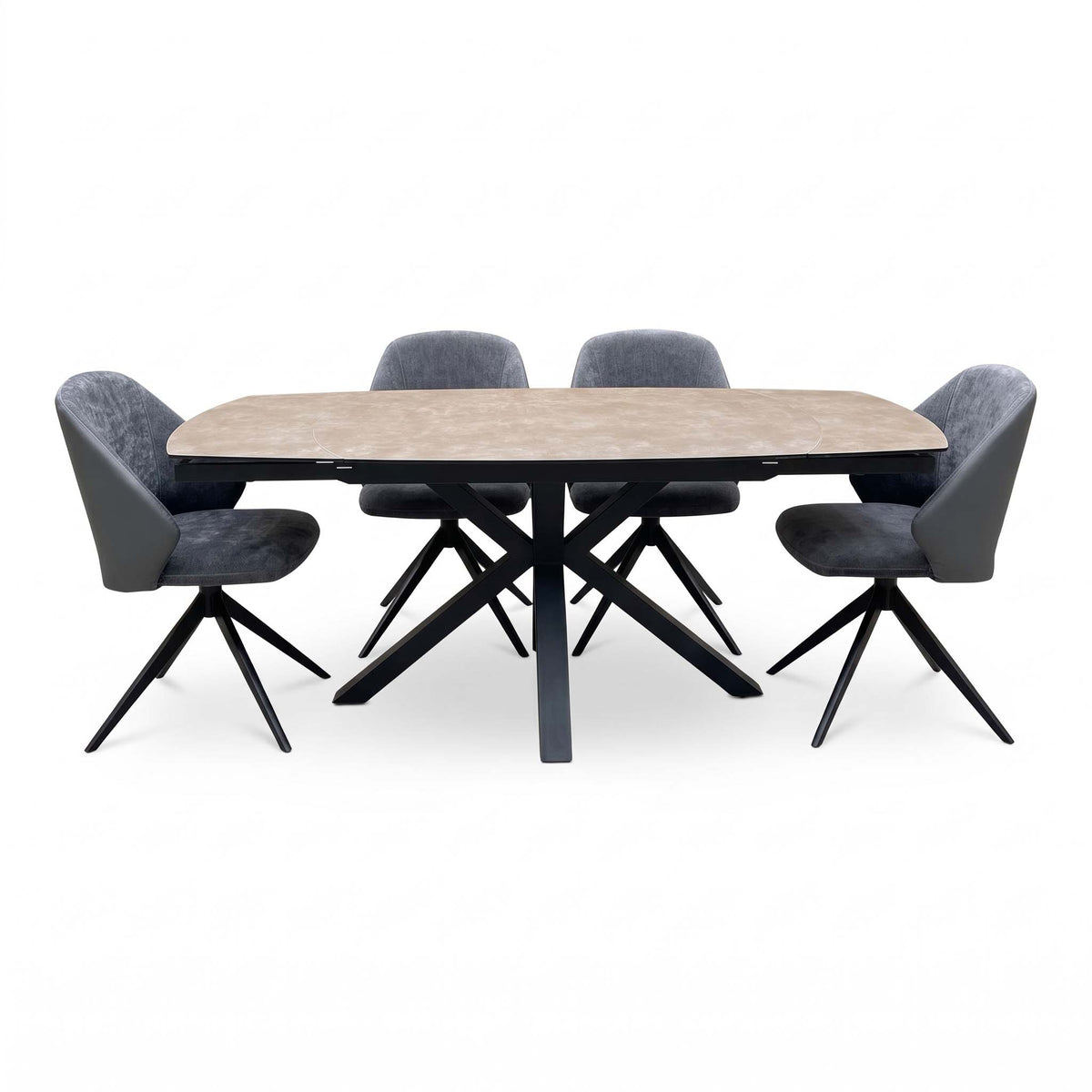'Raul' Argile Ceramic Top Swivel Extending Dining Table with G6 Anthracite Grey Faux Leather Chairs X 4