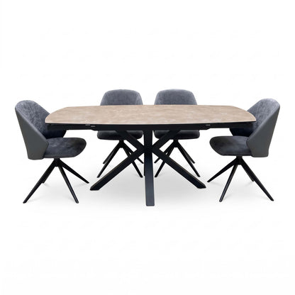 'Raul' Argile Ceramic Top Swivel Extending Dining Table with G6 Anthracite Grey Faux Leather Chairs X 4