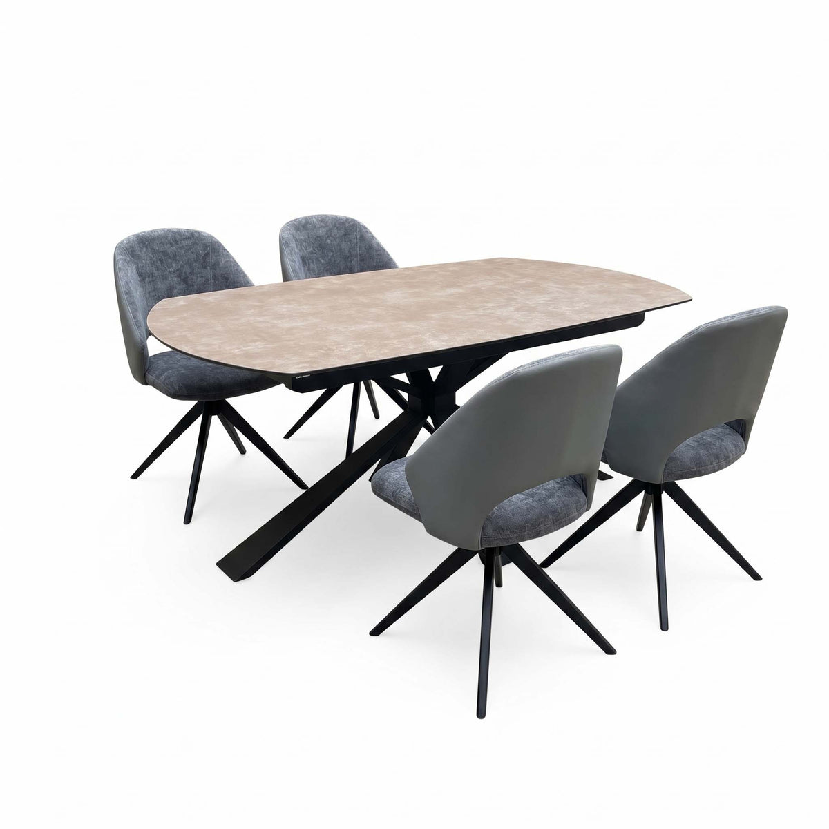 'Raul' Argile Ceramic Top Swivel Extending Dining Table with G6 Anthracite Grey Faux Leather Chairs X 4