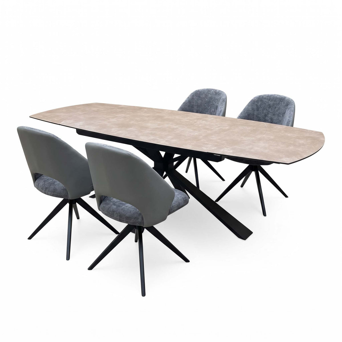'Raul' Argile Ceramic Top Swivel Extending Dining Table with G6 Anthracite Grey Faux Leather Chairs X 4