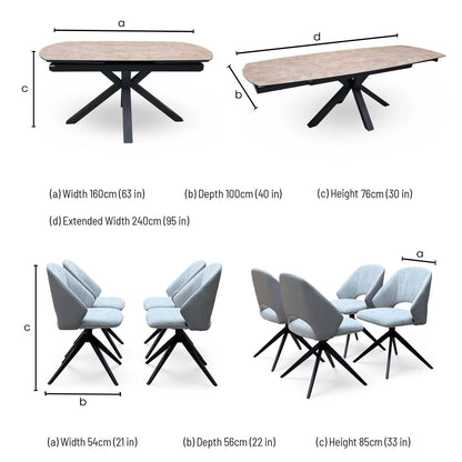 Raul table dimensions: width 160cm, extended 240cm, depth 100cm, height 76cm; chairs 54cm wide, 85cm high