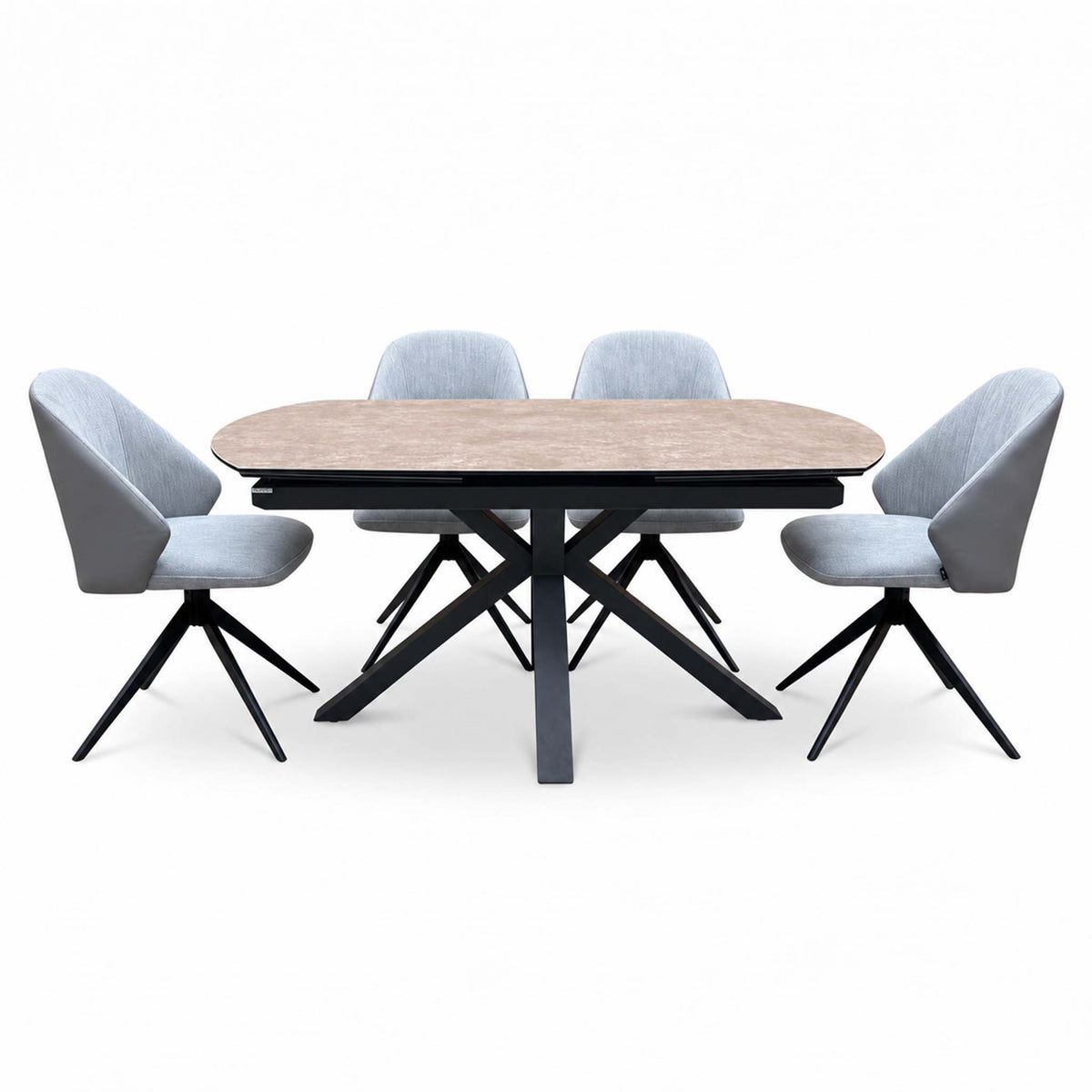 Front view of the Raul argile ceramic dining table with 4 grey swivel chairs, two at each end