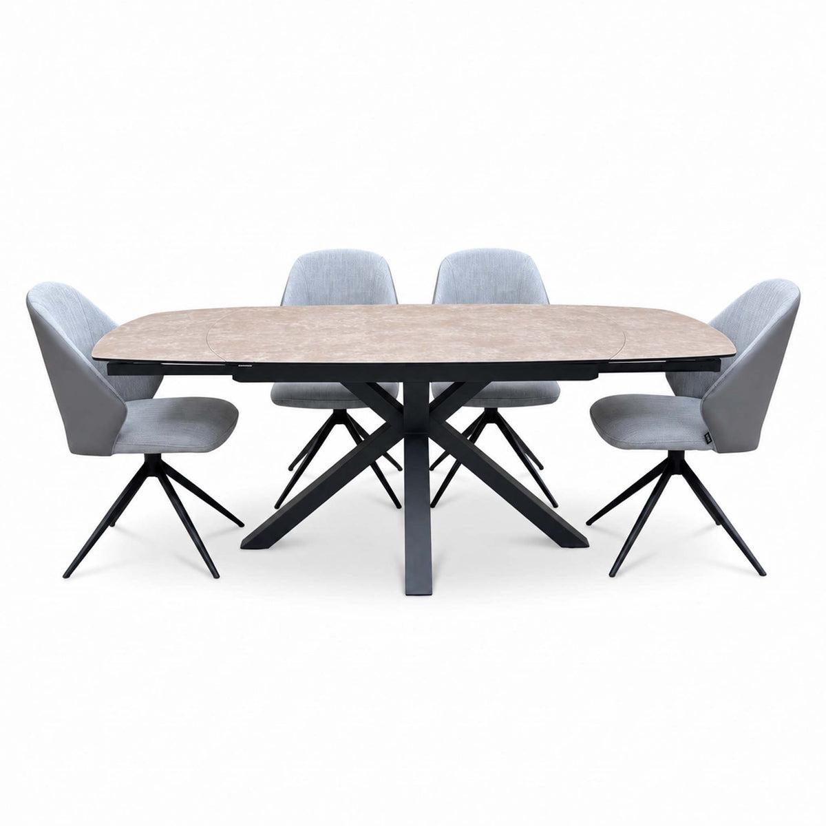 Raul argile ceramic dining table and 4 grey swivel chairs from a lower front angle, black cross base
