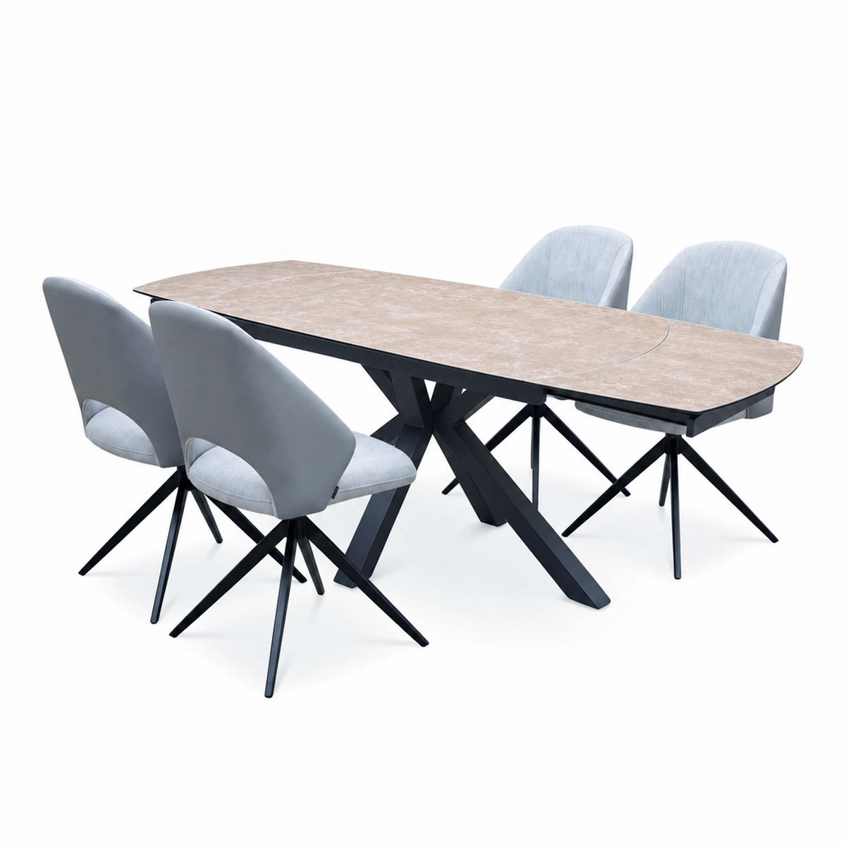 Raul argile ceramic dining table set from the opposite angle, 4 grey swivel chairs on black legs