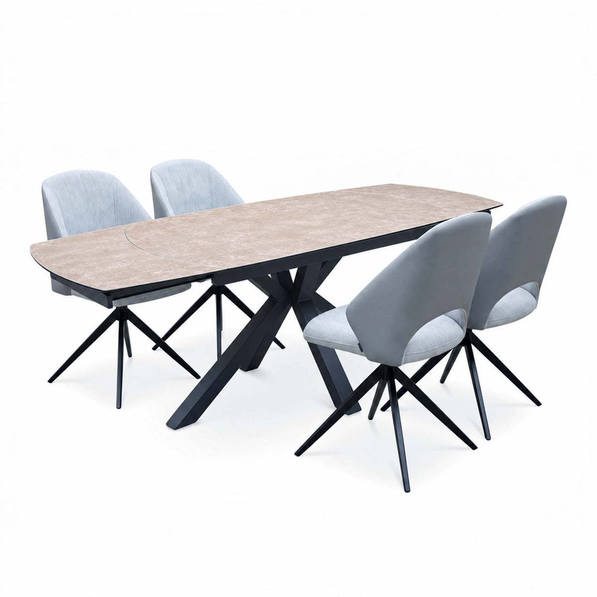 Raul argile ceramic top swivel extending dining table with 4 grey swivel dining chairs, angled view