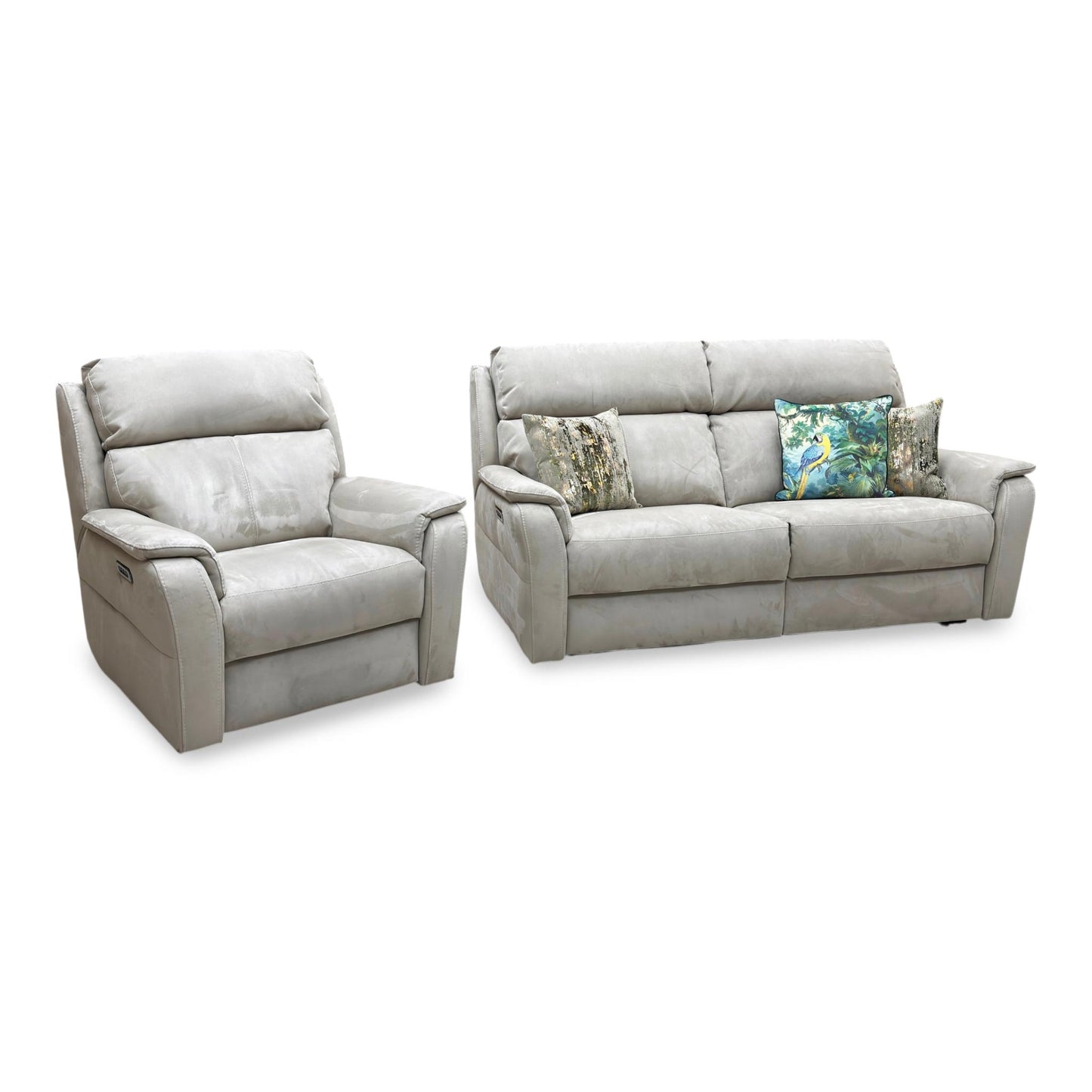Nicoletti 'Vito' Flambe Visone Taupe Fabric 3 Seater Power Recliner Sofa with Power Headrest and Power Lumbar + Power Chair