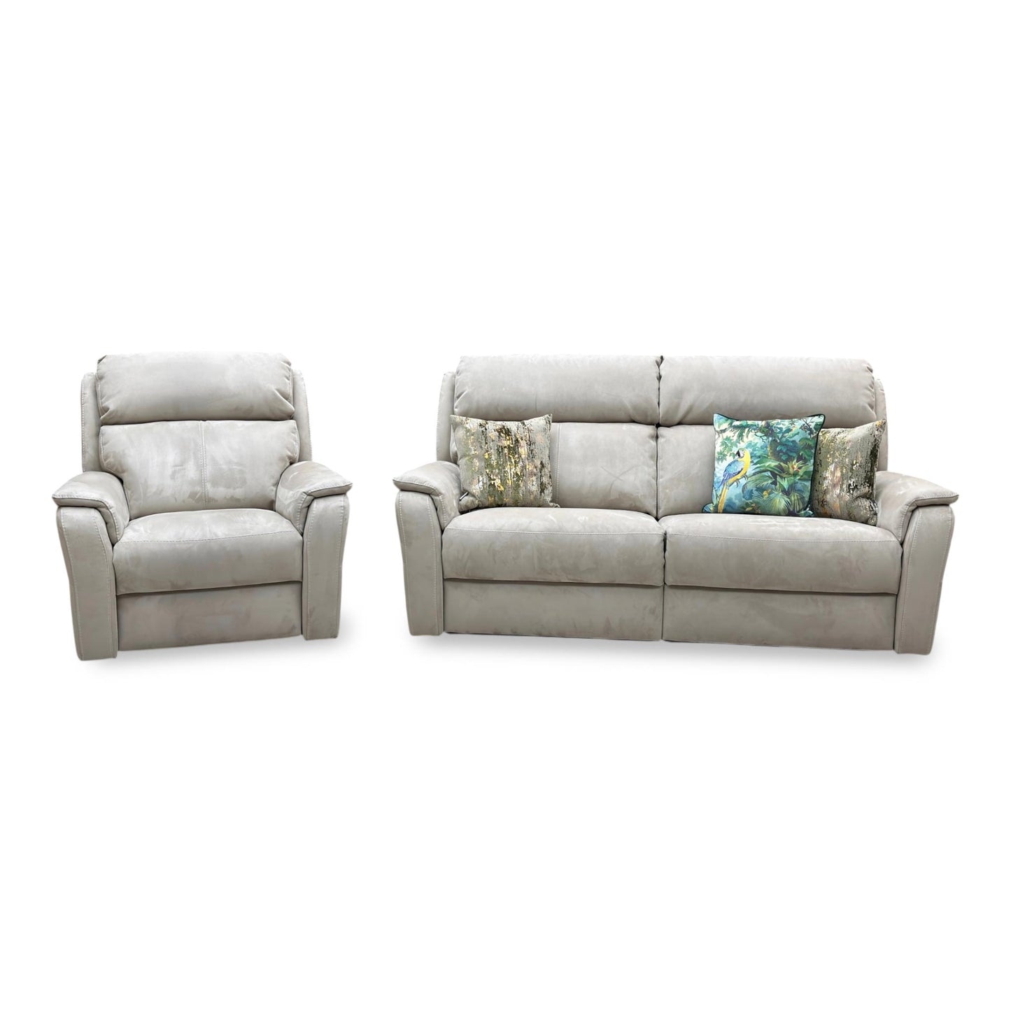 Nicoletti 'Vito' Flambe Visone Taupe Fabric 3 Seater Power Recliner Sofa with Power Headrest and Power Lumbar + Power Chair