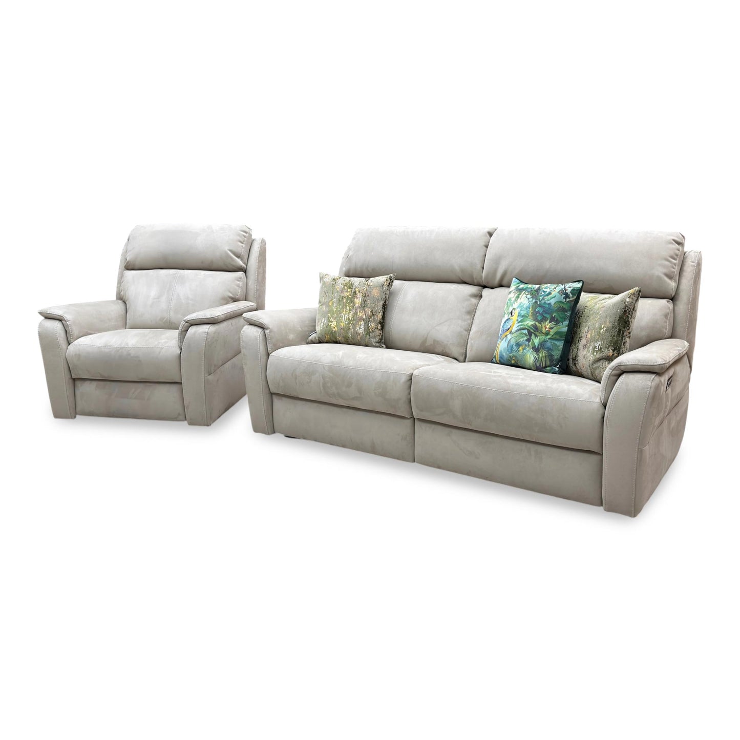 Nicoletti 'Vito' Flambe Visone Taupe Fabric 3 Seater Power Recliner Sofa with Power Headrest and Power Lumbar + Power Chair
