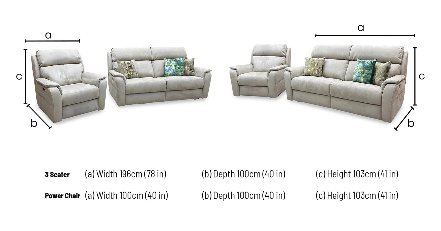 Nicoletti 'Vito' Flambe Visone Taupe Fabric 3 Seater Power Recliner Sofa with Power Headrest and Power Lumbar + Power Chair