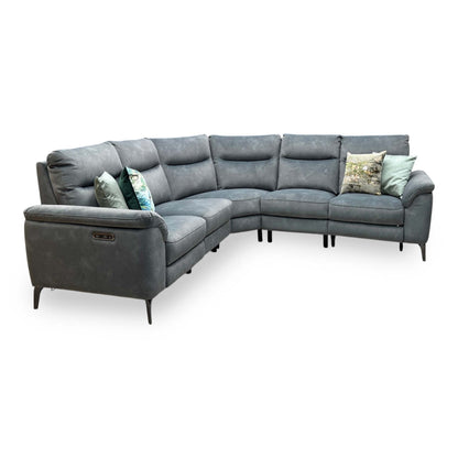 Side profile view of the Morgan fabric corner couch, illustrating the structural depth of the sectional frame, armrest padding, and wall clearance needed for reclining.