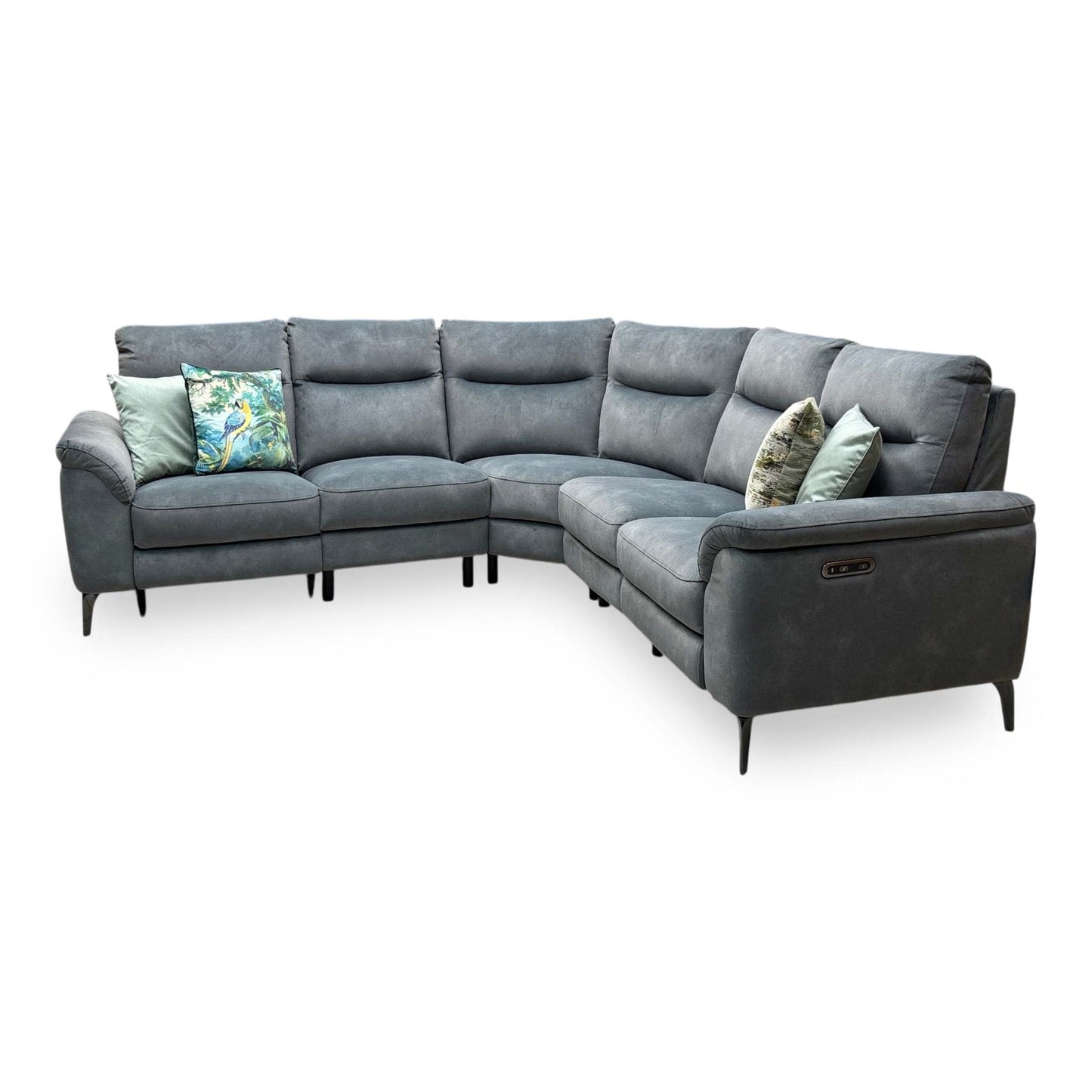 Side profile view of the Morgan fabric corner couch, illustrating the structural depth of the sectional frame, armrest padding, and wall clearance needed for reclining.
