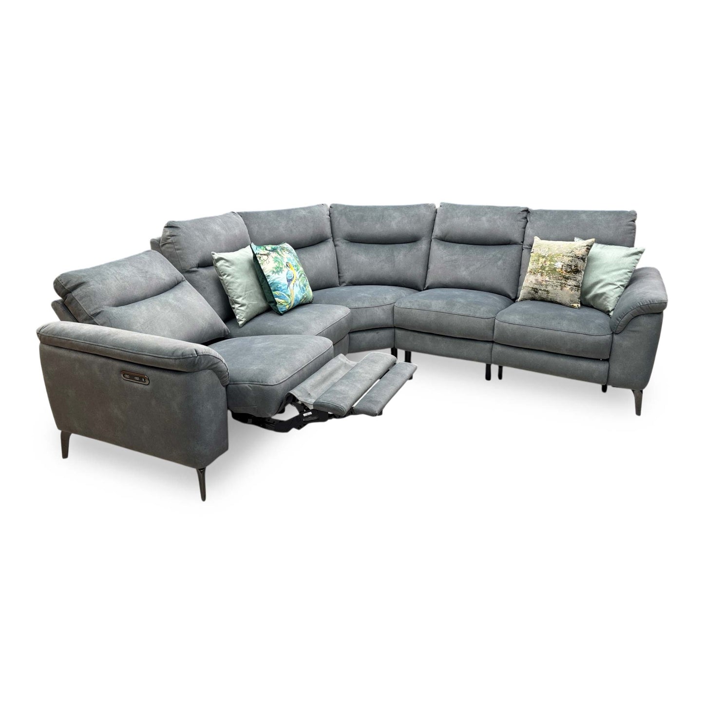 Side profile view of the Morgan fabric corner couch, illustrating the structural depth of the sectional frame, armrest padding, and wall clearance needed for reclining.