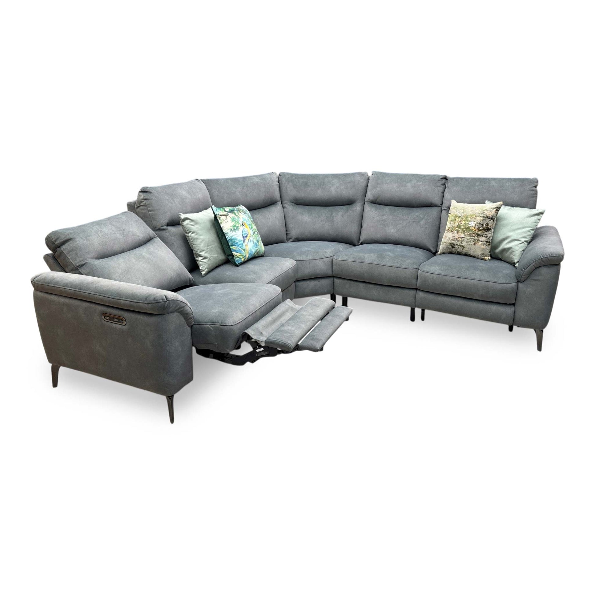 Side profile view of the Morgan fabric corner couch, illustrating the structural depth of the sectional frame, armrest padding, and wall clearance needed for reclining.