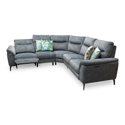 Side profile view of the Morgan fabric corner couch, illustrating the structural depth of the sectional frame, armrest padding, and wall clearance needed for reclining.