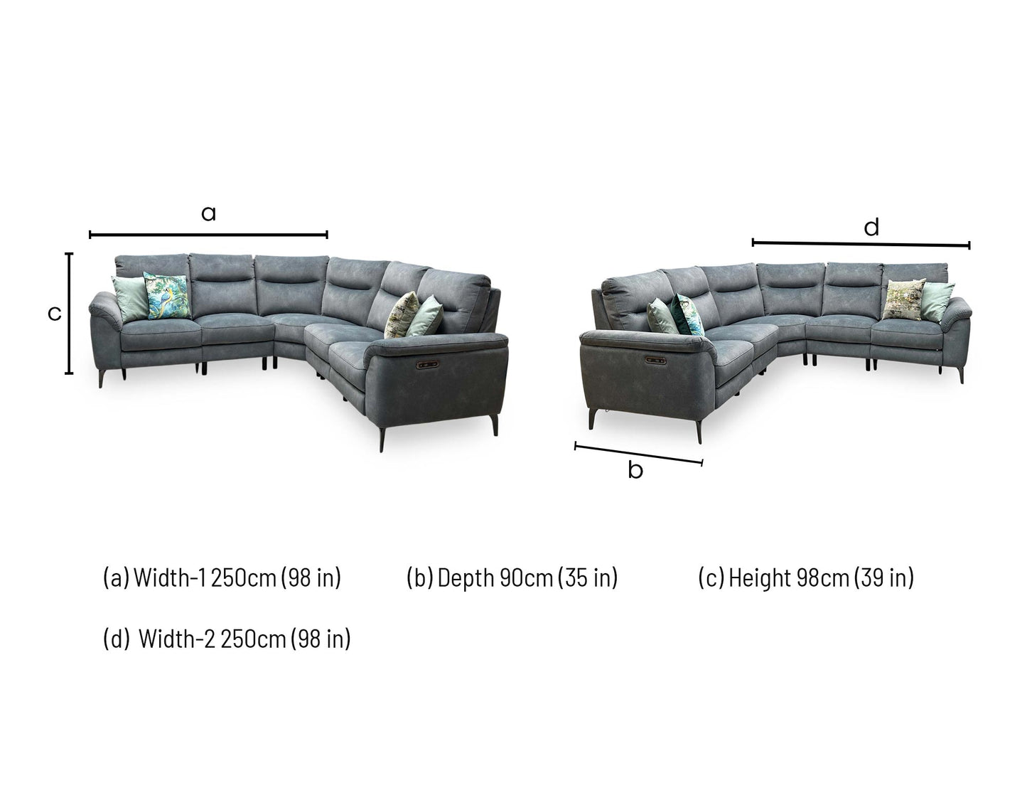 Technical dimension graphic for the Morgan large power recliner corner sofa, indicating precise sectional widths, corner depth, frame height, and fully extended length.