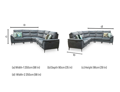 Technical dimension graphic for the Morgan large power recliner corner sofa, indicating precise sectional widths, corner depth, frame height, and fully extended length.