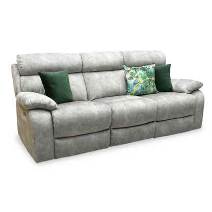 Side view of the Moreno fabric power recliner sofa frame, illustrating the supportive armrest padding thickness and the backrest wall clearance required for full extension.