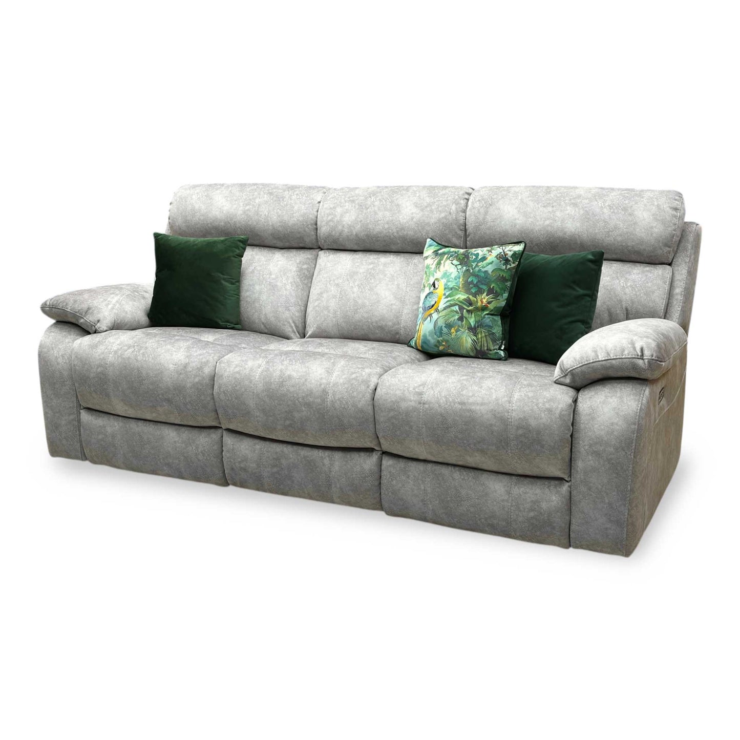 Side view of the Moreno fabric power recliner sofa frame, illustrating the supportive armrest padding thickness and the backrest wall clearance required for full extension.
