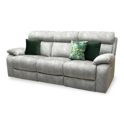 Side view of the Moreno fabric power recliner sofa frame, illustrating the supportive armrest padding thickness and the backrest wall clearance required for full extension.