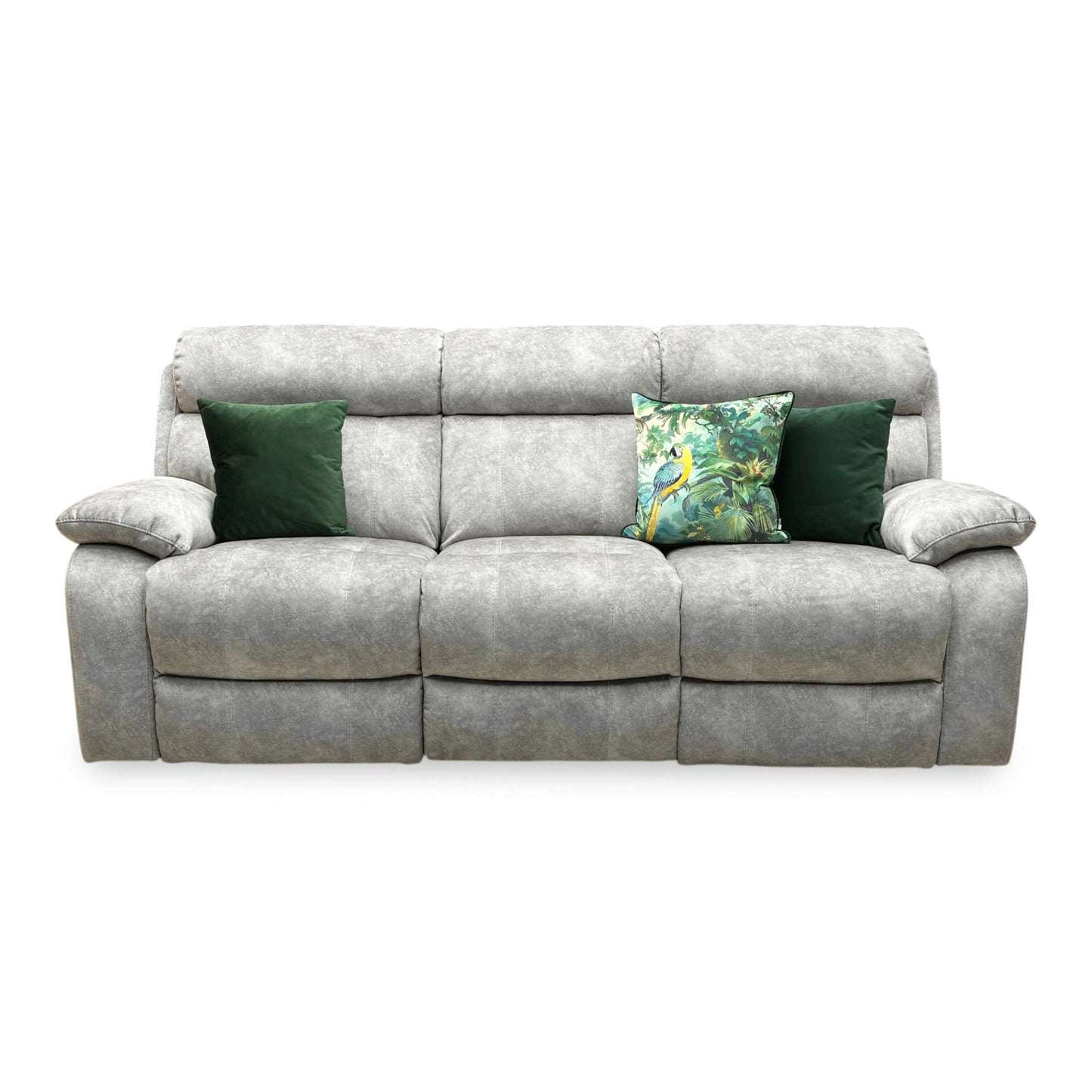 Front view of the Moreno 3-seater power recliner sofa in grey fabric, featuring a contemporary high-back profile, padded lumbar support, and sleek tailored armrests.